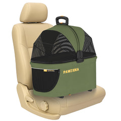 PAWZIDEA portable dog crate front view secured on car seat for travel.
