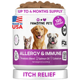 Pawzitive Pets dog allergy relief chews packshot supports skin and coat health.