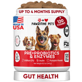 Pawzitive Pets probiotic chews packaging highlighting vet-formulated gut health for dogs.