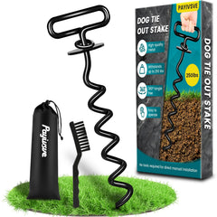 Payivsve dog stake being inserted into the ground for secure outdoor use