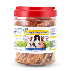 PCI Pet Center chicken breast tenders packaging close-up in a resealable canister preserving freshness.