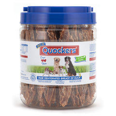 PCI Quackers duck breast 1lb container, high-protein dog treat for training rewards.