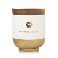 Pearhead pet urn front view with gold paw print, a timeless memory keepsake