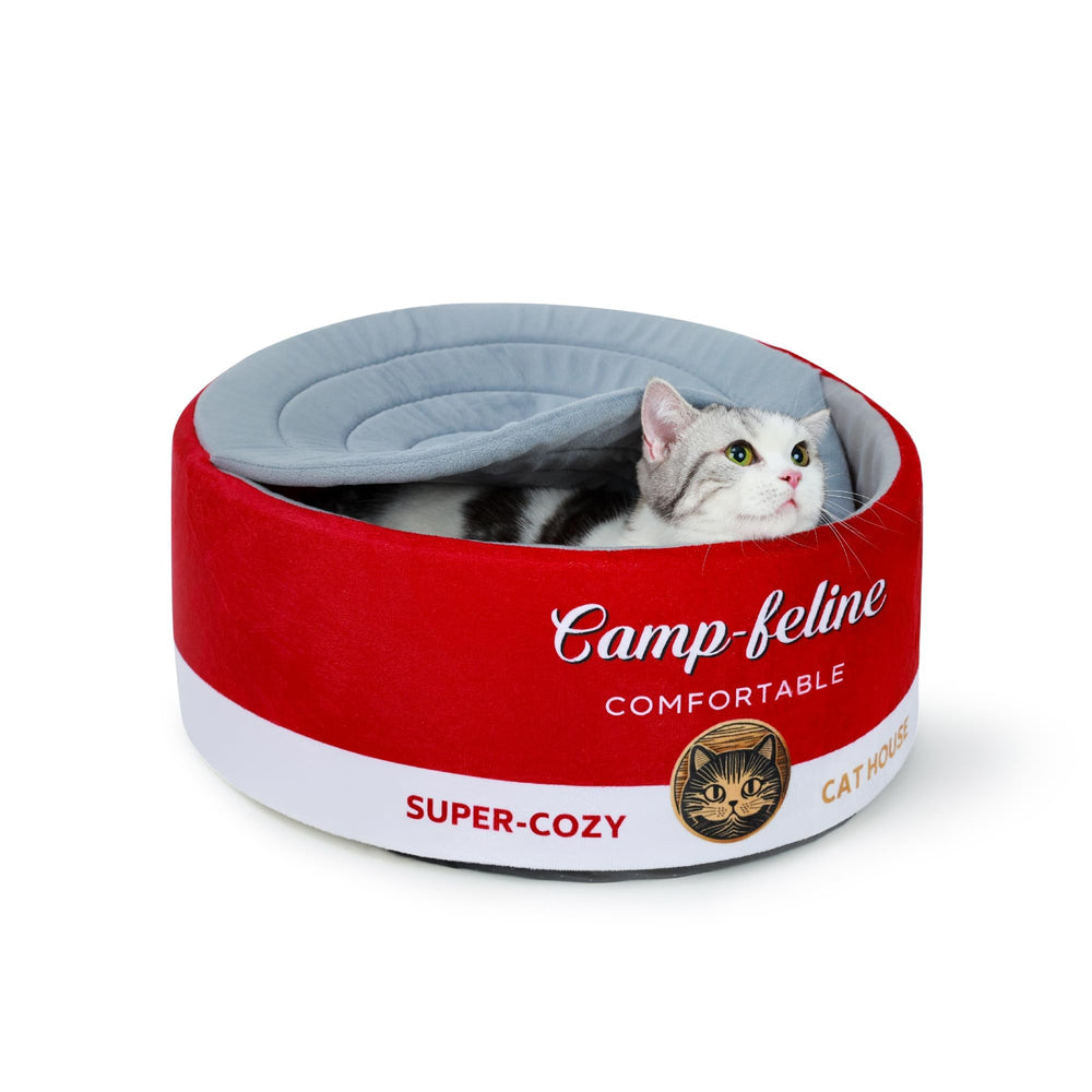 PECHVINO can-shaped cat bed with privacy cover offering cozy, secure naps.