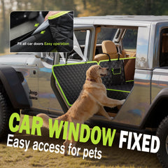 Pecute back seat extender with window-fix shields door edges during travel.