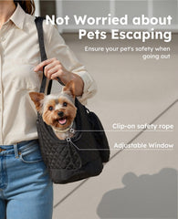 Pecute dog purse carrier top-open view showing secure zipper closure and comfort