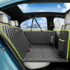 Pecute dog seat cover folded for hanging on the front seat, space-saving design.