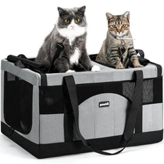 Pecute dual-compartment carrier front view showing secure latch for travel