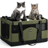 Pecute dual-compartment carrier showing a stable frame for two cats during travel.