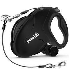 Pecute retractable leash front view showing chew-proof steel cable for durability on walks