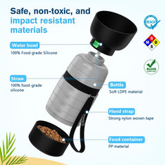 Collapsible water bowl flips from cap for quick drinking.