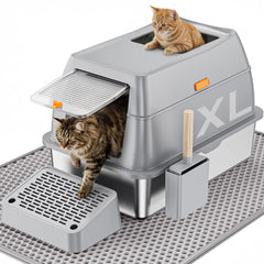 PEDIBAT stainless steel cat litter box with scoop for easy cleaning.