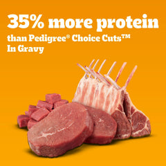 Pedigree beef-lamb wet dog food in gravy bowl ready for mealtime