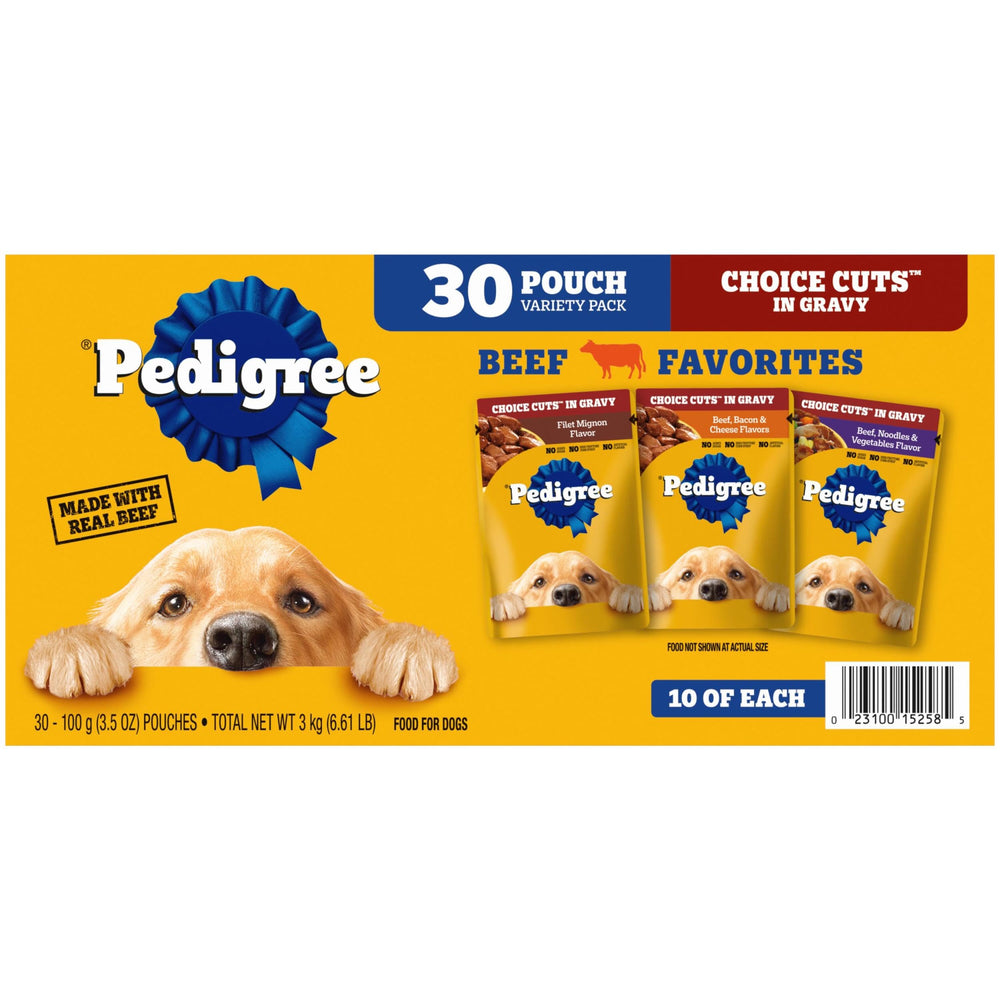 Pedigree Choice Cuts in Gravy Beef pouch close-up, real beef supports lean muscles.