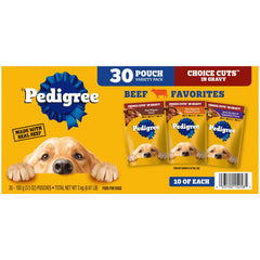 Pedigree Choice Cuts in Gravy Beef pouch close-up, real beef supports lean muscles.