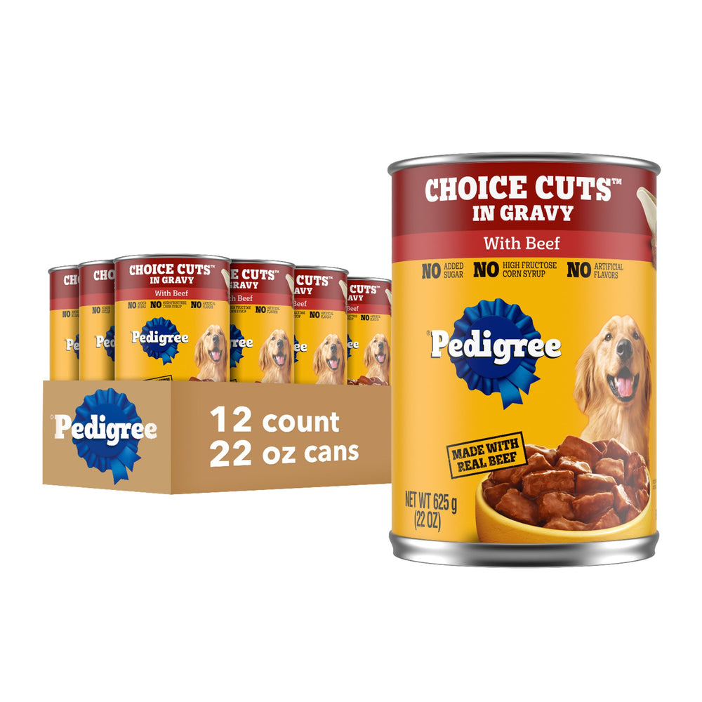 Pedigree Choice Cuts In Gravy beef cans front view shows real beef chunks for familiar flavor