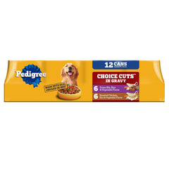 Pedigree Choice Cuts In Gravy can close-up showing tender meat pieces in gravy