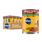 Pedigree Choice Cuts in Gravy Country Stew can with tender meat chunks in savory gravy for adults.