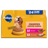 Pedigree Chopped Ground Dinner can label with real meat for daily meals.