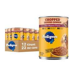 Pedigree Chopped Ground Dinner filet mignon dog food can close-up showing tender chunks