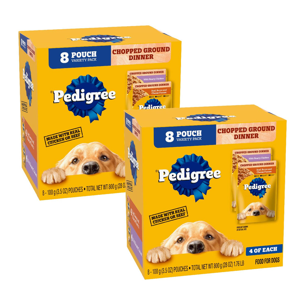 Pedigree Chopped Ground Dinner pouch pack for adult dogs, a convenient multi-meal option.
