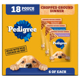 Pedigree Chopped Ground Dinner pouch pack shot showcases an 18-pack variety for easy meals.