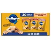 Pedigree Chopped Ground Dinner pouch packshot, convenient 30-pack for versatile meals.