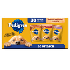 Pedigree Chopped Ground Dinner pouch packshot, convenient 30-pack for versatile meals.