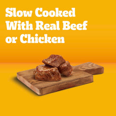 Pedigree Chopped Ground Dinner real meat chunks for lean muscles.