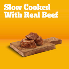 Pedigree Chopped Ground Dinner topper image demonstrates easy mix with dry kibble.