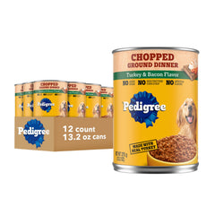 Pedigree Chopped Ground Dinner cans provide balanced nutrition for adult dogs.