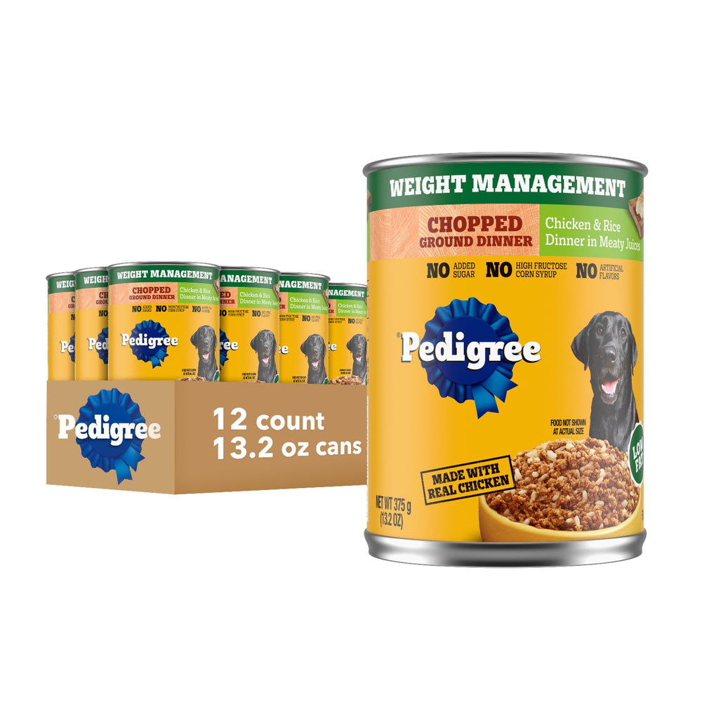 Pedigree Chopped Ground Dinner can reveals real chicken and rice for a tasty meal.