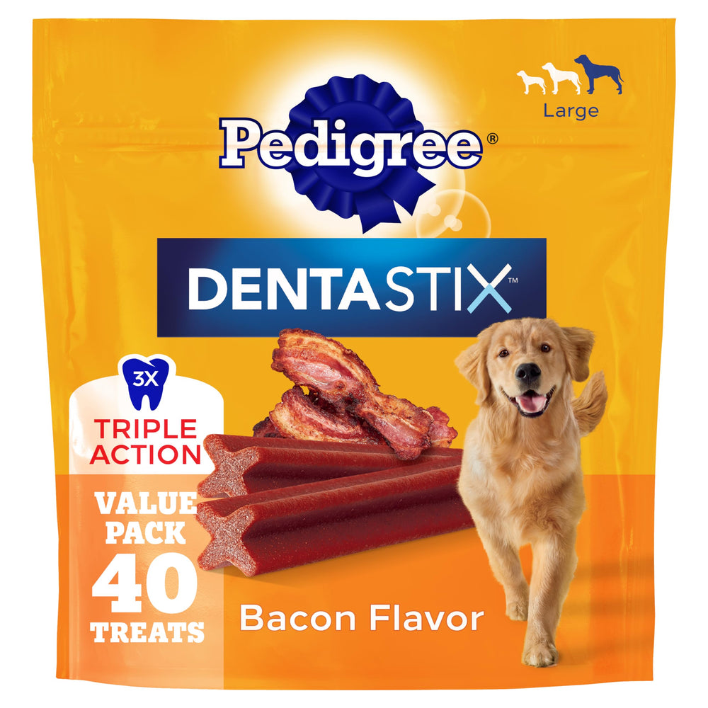 Pedigree Dentastix large-breed bacon flavor bag front for daily dog treats