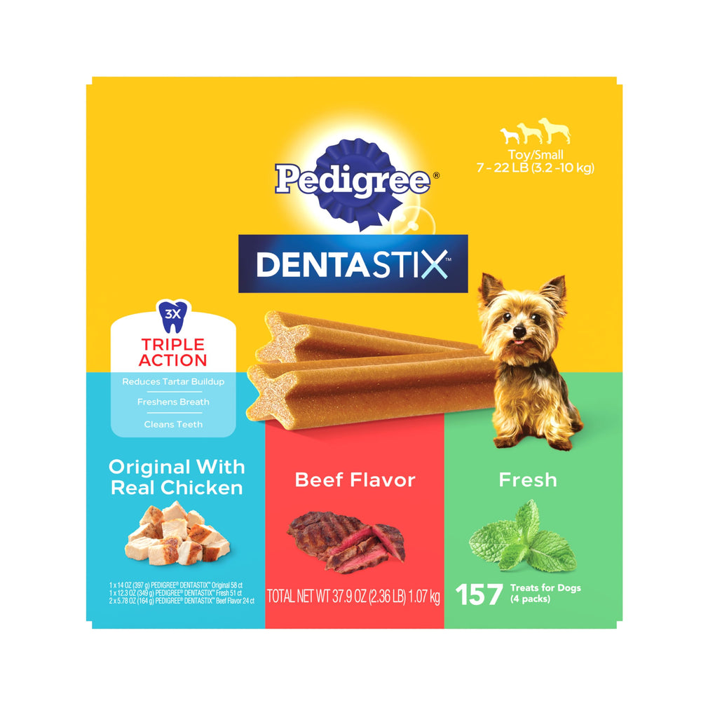 Pedigree Dentastix small-breed X-shape design supports plaque removal during chewing.