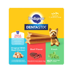 Pedigree Dentastix small-breed X-shape design supports plaque removal during chewing.
