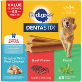 Pedigree Dentastix 65-piece variety pack with Original, Beef and Fresh flavors for dogs' oral care.