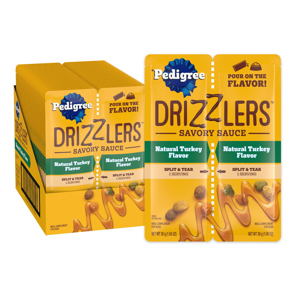 Pedigree Drizzlers dual-serving pouch keeps flavor fresh for two meals.