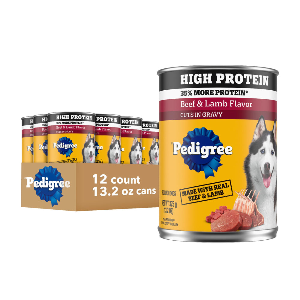 Pedigree high-protein wet dog food can with beef and lamb for adult dogs