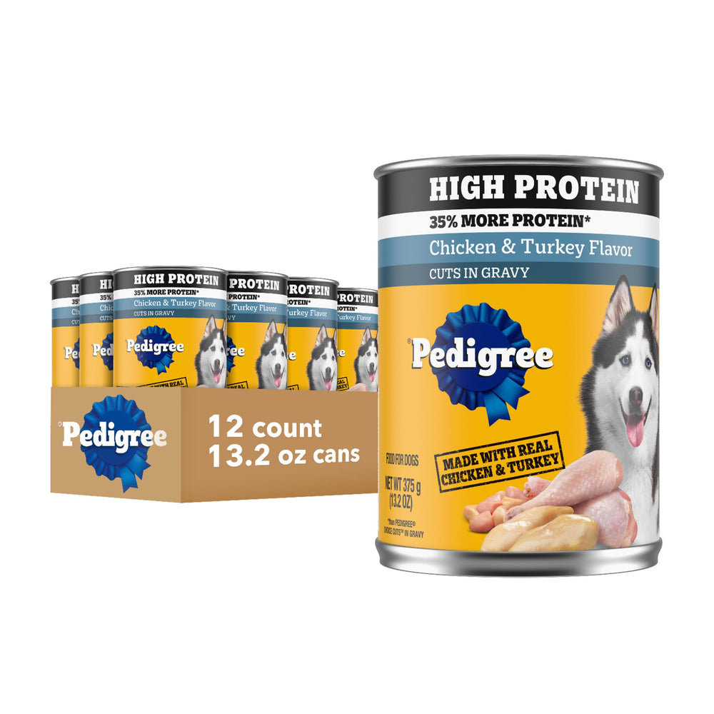 Pedigree high-protein wet dog food can with chicken and turkey in gravy for digestion support.
