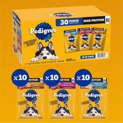 Pedigree High Protein pouch with beef and pork tenderloin cuts in gravy for meals.