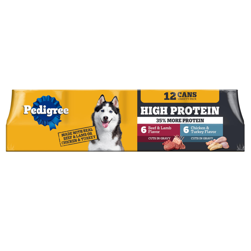 Pedigree High Protein wet dog food variety pack cans offer balanced adult nutrition.