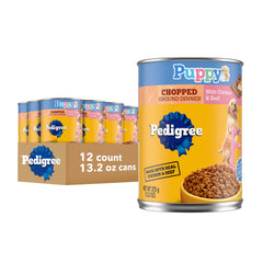 Pedigree Puppy Chopped Ground Dinner can front view, convenient complete meal for puppies