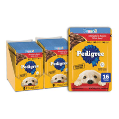 Pedigree Puppy Morsels in Sauce packaging shown for easy meals