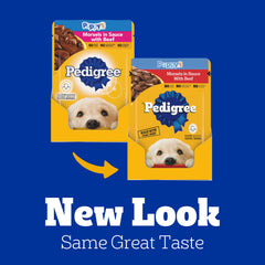 Pedigree Puppy Morsels in Sauce serving bowl with beef morsels ready