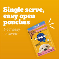Pedigree Puppy Morsels in Sauce variety-pack packaging on shelf.