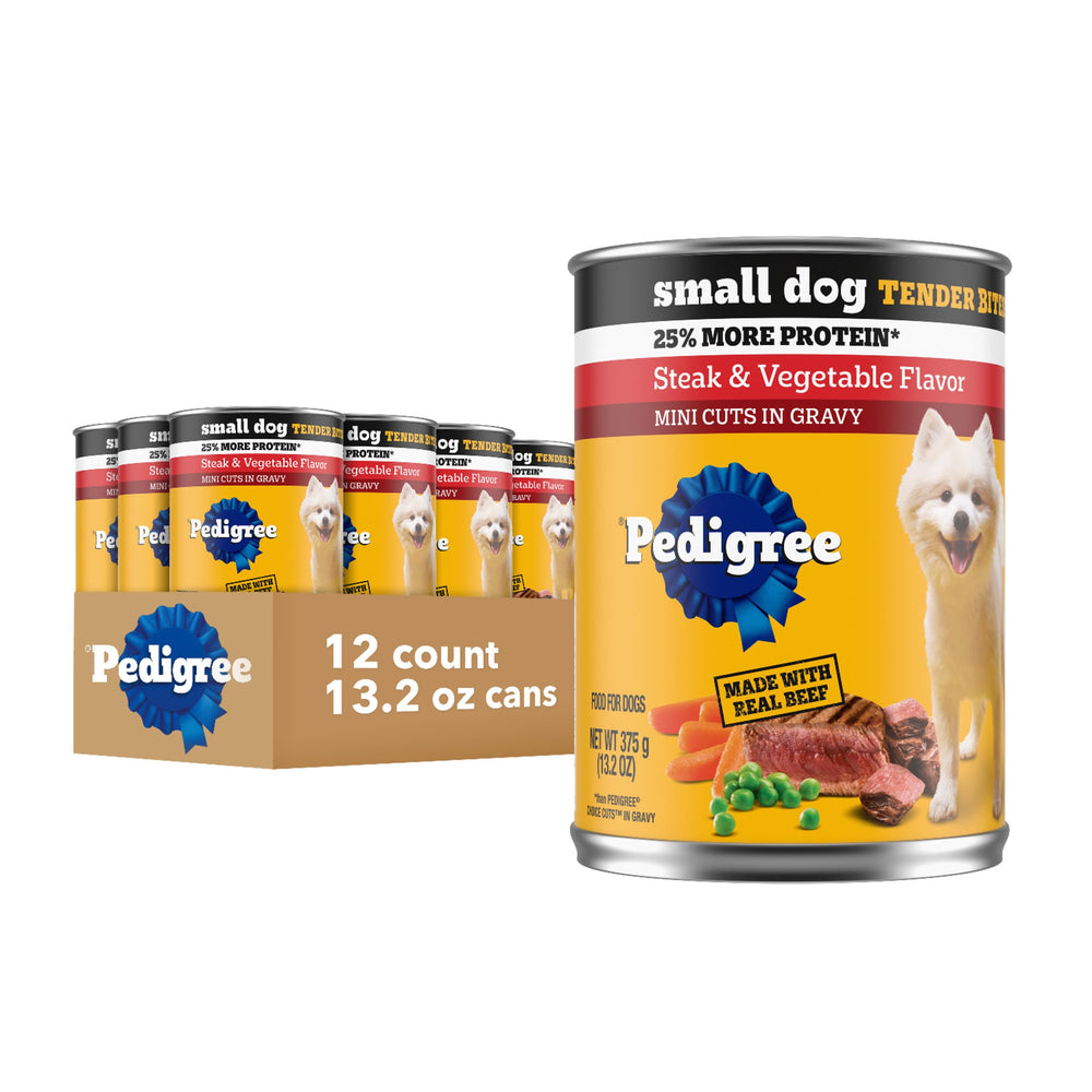 Pedigree small dog tender bites in gravy can with steak and vegetables for a satisfying meal