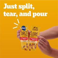 Pedigree Drizzlers tear-open pouch ready to pour onto dry kibble.