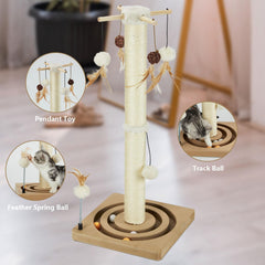PEEKAB cat scratching post top with hanging balls provides dynamic play.
