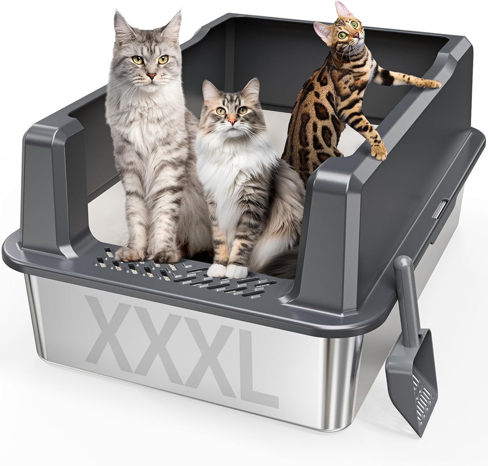 Pematar extra-large XXL stainless steel litter box with lid for easy containment.