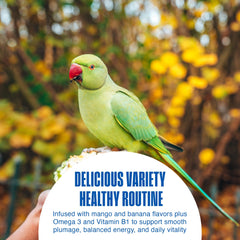 PENN-PLAX Bird-Life mango-banana flavor detail illustrating appealing aroma and enrichment.